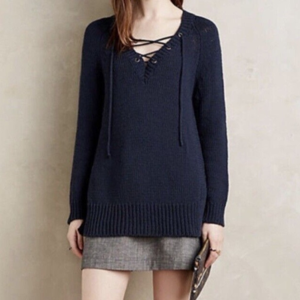 Anthropologie MOTH Ashbury Blue Cotton Blend Knit Lace Up V-Neck Sweater Size L